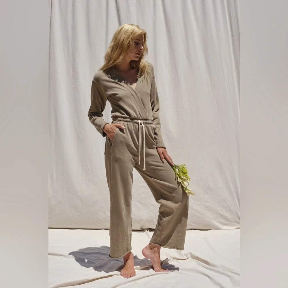AMO Jumpsuit Womens Small Tan Cotton French Terry Wrap Front Drawstring Lounge
